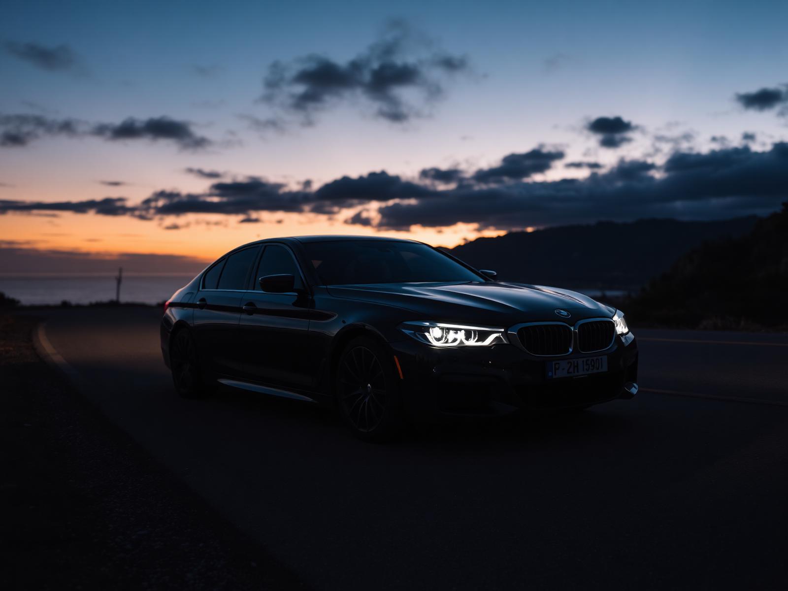 Luxury sedan on a coastal road at dusk